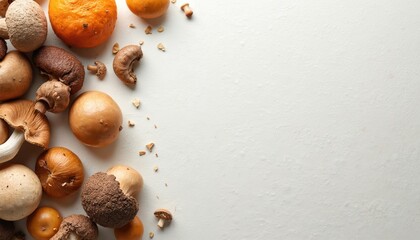 Various mushrooms and orange fruits arranged on a white surface with copy space. Includes whole and sliced fungi, suggesting natural remedies and healthy food options for wellness articles and ads.