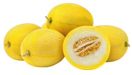 Group of golden, oval melons with pale-yellow skin, one sliced open to show seeds