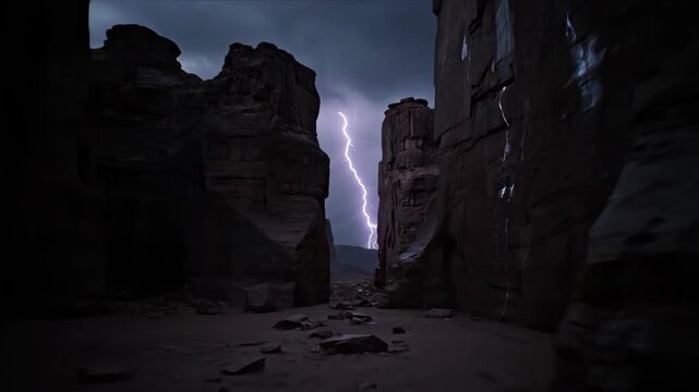 An intense and dramatic bolt of lightning electrifies the rugged, dark walls of a deep canyon during a powerful thunderstorm, revealing the raw and majestic force of nature in a desolate landscape