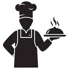 Flat Design Black Chef Icon with Steaming Food Cloche