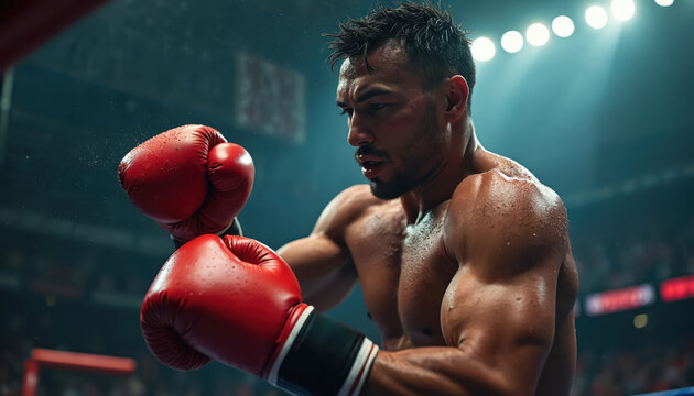 Male boxer sweats intensely, ready to fight in red gloves. Intense competition in dark arena under bright lights. Determined athlete focused, sharp. - Powered by Adobe