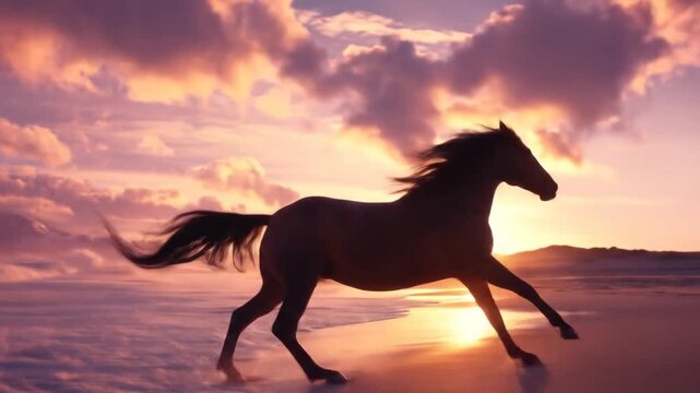 Horse runs across horizon with clouds in warm sunlight