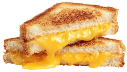 Two halves of a toasted sandwich with melted, yellow cheese oozing out between bread slices