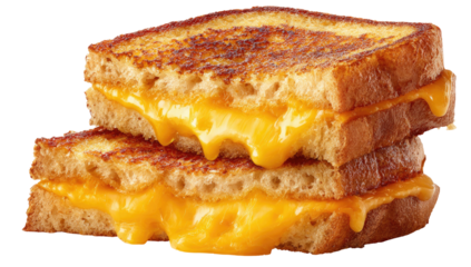 Stacked golden-brown grilled cheese sandwich with melted orange cheese