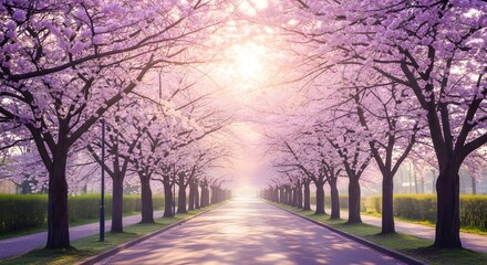 Fototapeta premium Serene landscape of a tree-lined road with pink blossoms under sunny skies.