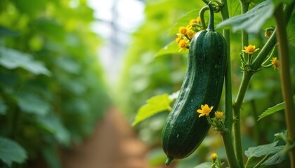 Green cucumber ripens on vine in rich greenhouse. Yellow flowers bloom on stem, plants grow in rows. Eco farm cultivates fresh organic produce.