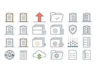 Collection of Data Management and Business Process Icons Representing Organization Efficiency and Technological Solutions for Modern Companies