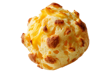 Small cheesy bread ball with golden crust and holes, isolated on white transparent background, concept of Brazil Pao de Queijo food