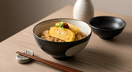 Delicious Japanese tamagoyaki and rice in a bowl, with chopsticks, ready to be eaten