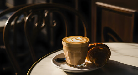 Delicious latte with foam art and croissant on a table in natural sunlight at cafe