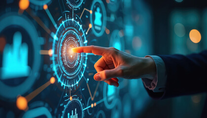 Fingers touch futuristic digital screen showing financial data and network connections. Person interacts with glowing user interface for business analytics or estate planning.