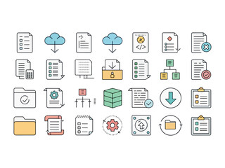 Collection of data management and workflow icons illustrating document processing and cloud computing services for business efficiency and organization