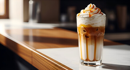Delicious layered caramel latte with whipped cream and caramel drizzle on a wooden table