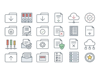Collection of Data Management Icons with Folder File and Cloud Symbols Representing Data Storage and Organization with Clean Line Art