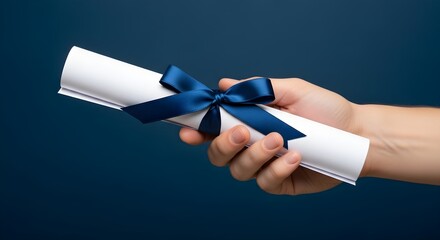 Hand holding a rolled diploma, tied with a blue ribbon, symbolizing academic achievement, graduation, and successful completion of studies
