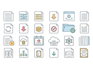 Collection of Data Management Icons Representing File Types Cloud Storage and Data Processing Technologies for Business and IT Use