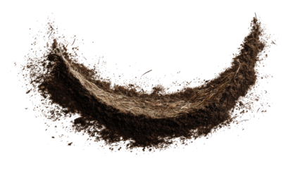 A curved, swirling cloud of dense brown particles, reminiscent of dust or small granules, against black