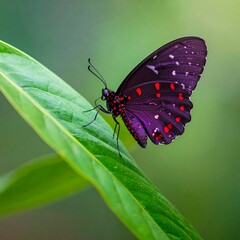 Obraz premium A vibrant butterfly with dark purple wings, dotted with red spots, rests gracefully on a lush green leaf. The blurred background suggests a natural habitat