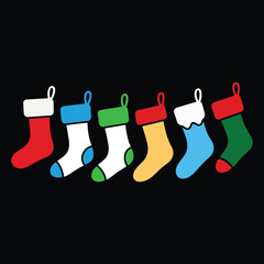 Row of Six Christmas Stockings Hanging: Holiday Decoration Vector