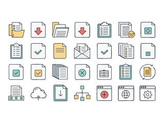 Collection of Document and File Icons Representing Data Management and Workflow Processes for Business and Technology Solutions