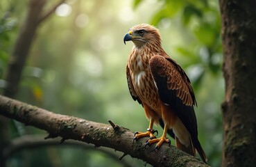 Fototapeta premium Philippine Eagle perched on tree branch. Large bird of prey with brown feathers, sharp beak, talons. Eagle distinctive crest, brown eyes, yellow markings on face. Bird sits calmly, looking alert in
