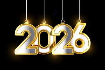 Golden numbers 2026 hanging on strings against a black background. The design features a shiny and modern aesthetic, suitable for New Year celebrations.