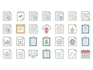 Collection of documents and file icons in line art style representing business administration and file management processes