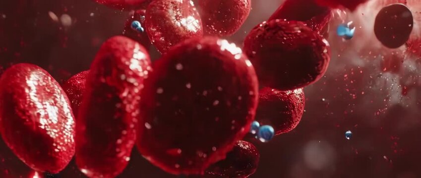 Hemoglobin molecules are shown binding and releasing glowing oxygen molecules in the bloodstream.