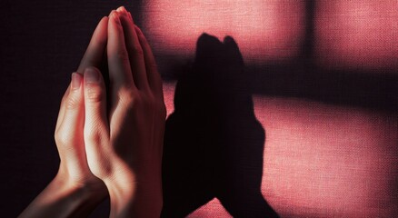 Close-up of clasped hands, casting a profound shadow on a textured background, inviting contemplation and spiritual reflection. ..Created with Generative AI, not depicting real subjects.