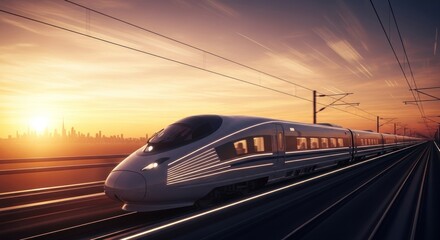 Fototapeta premium Fast modern train speeding across tracks at golden sunset