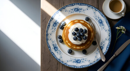 Delicious Pancakes With Whipped Cream And Fresh Blueberries On A Decorative Plate