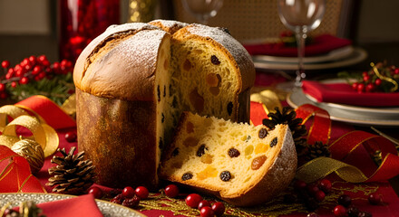 Delicious Panettone Cake with Slice on Table and Christmas Decorations Display