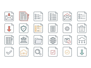 Collection of File and Document Icons for Website and Application Interface Design with Simple Line Art Style Presenting Common Digital Actions