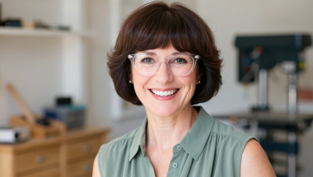 Portrait of a smiling mature woman with glasses in her workshop