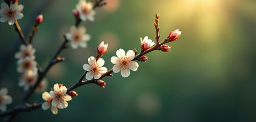 Blossoming tree branch with delicate white flowers and pink buds. Gentle sunlight illuminates the spring bloom against a blurred green backdrop. Nature scene showcases seasonal beauty.