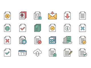 Collection of File and Document Icons Representing Various Operations and Functions for User Interface Design and Software Applications