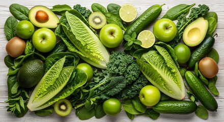 Fresh green vegetables and fruits arranged on a white wooden table