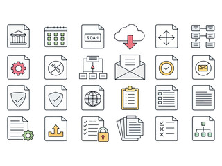 Collection of File Management Icons for Data Storage and Organization Representing Various Document Types and Processes with Bold Outline Style