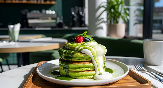 Delicious matcha pancakes with fresh berries and cream served in a cafe setting