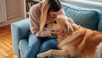 Woman kissing her golden retriever dog on the head with love and affection