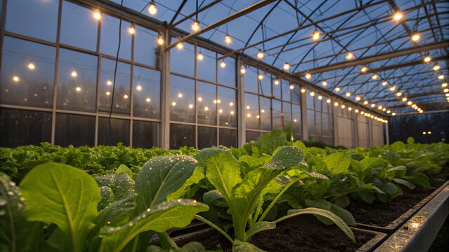 Fresh green vegetables growing inside a greenhouse illuminated by artificial lights, symbolizing modern agriculture, sustainability, and smart farming technology.