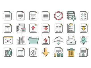 Collection of modern flat line design vector icons representing document and file management related concepts for software and web interfaces