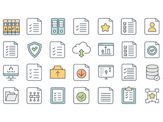 Collection of vector line icons representing data management document organization and cloud computing solutions in a clean design