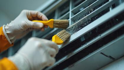 Person in gloves cleans air conditioner with brushes. Maintenance worker brushes dust off air conditioning system. Man maintains cleanliness of ac vents with brush at home. Air purifier service.