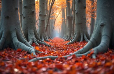 Majestic beech trees form an avenue covered in vibrant red autumn leaves. Their thick roots spread wide on the ground creating a natural, earthy path. Sunlight filters through the canopy above.