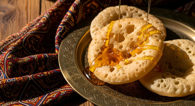 Delicious Moroccan Baghrir Pancakes with Honey Dripping on a Decorative Plate