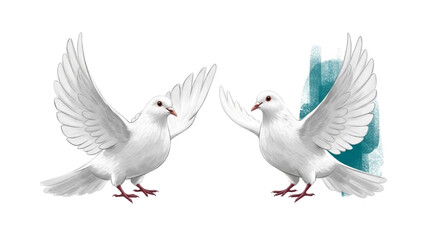 Obraz premium Elegant pair of white doves in flight, with outstretched wings, embodying peace, love, and freedom, rendered as a serene illustration