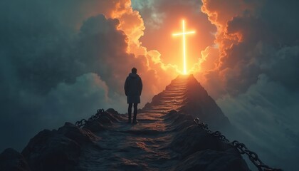 Man walks chained path up mountain toward glowing cross. Person on spiritual journey to find hope, faith. Difficult way to heaven symbolizes overcoming challenges, finding salvation in God light.