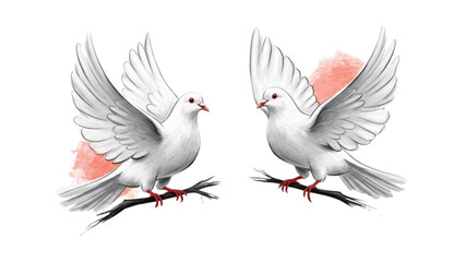 Obraz premium Elegant Pair of White Doves Perched Gracefully, Symbolizing Peace, Love, and Hope with Artistic Watercolor Accents