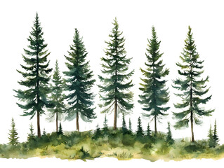 A dense forest of tall evergreen trees with lush undergrowth isolated on transparent background
